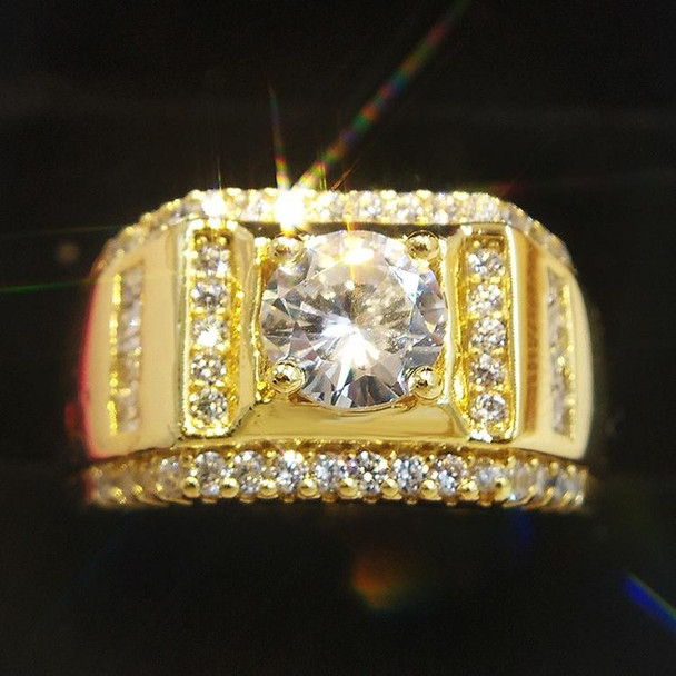 Fashion New Style Gold Plated + AAA Zircon Inlaid Rhinestone Men Diamond Ring, Size: 8, Diameter: 18.1mm, Perimeter: 57mm