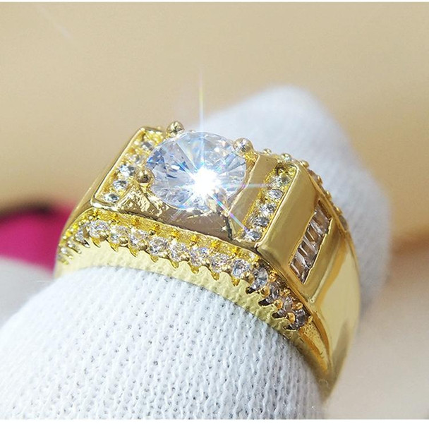 Fashion New Style Gold Plated + AAA Zircon Inlaid Rhinestone Men Diamond Ring, Size: 8, Diameter: 18.1mm, Perimeter: 57mm