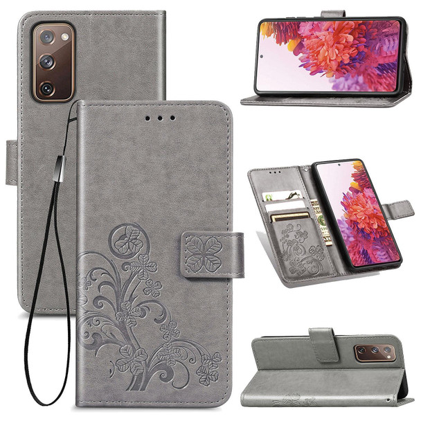 For Galaxy S20 FE / S20 Lite Four-leaf Clasp Embossed Buckle Mobile Phone Protection Leatherette Case with Lanyard & Card Slot & Wallet & Bracket Function(Grey)