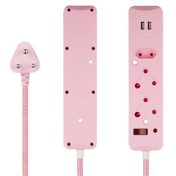 SWITCHED  3 Way  with Dual 2.4A USB Ports, 0.5M . Pink