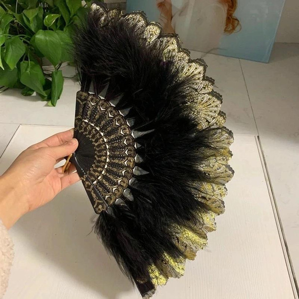 Vintage Style Flapper Hand Fan Embroidered Flower Marabou Feather Fan(Black)