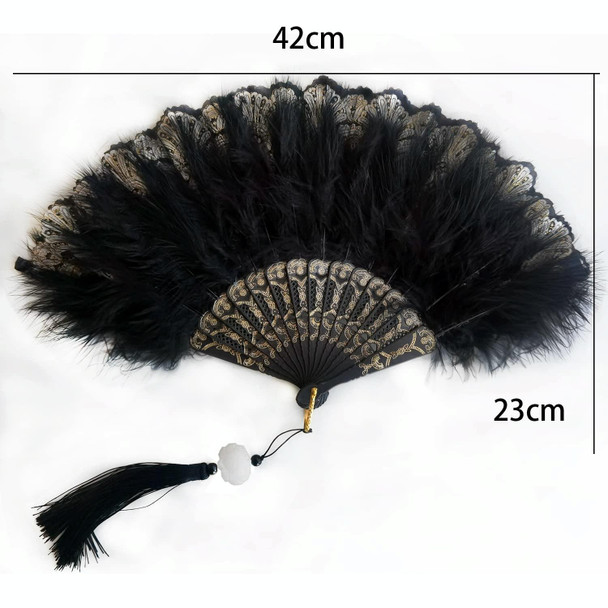 Vintage Style Flapper Hand Fan Embroidered Flower Marabou Feather Fan(Black)