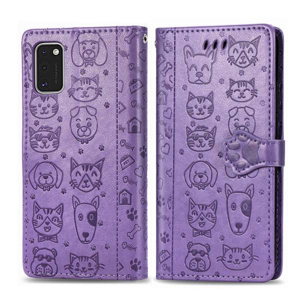 For Galaxy A41 Cute Cat and Dog Embossed Horizontal Flip Leatherette Case with Bracket / Card Slot / Wallet / Lanyard(Purple)
