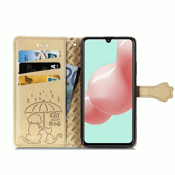 For Galaxy A41 Cute Cat and Dog Embossed Horizontal Flip Leatherette Case with Bracket / Card Slot / Wallet / Lanyard(Gold)