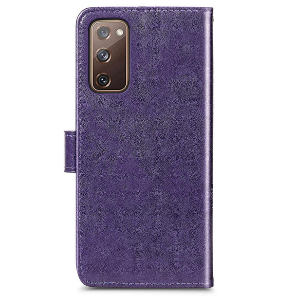 For Galaxy S20 FE / S20 Lite Four-leaf Clasp Embossed Buckle Mobile Phone Protection Leatherette Case with Lanyard & Card Slot & Wallet & Bracket Function(Purple)