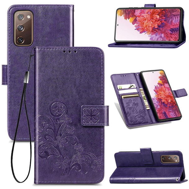 For Galaxy S20 FE / S20 Lite Four-leaf Clasp Embossed Buckle Mobile Phone Protection Leatherette Case with Lanyard & Card Slot & Wallet & Bracket Function(Purple)