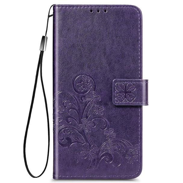 For Galaxy S20 FE / S20 Lite Four-leaf Clasp Embossed Buckle Mobile Phone Protection Leatherette Case with Lanyard & Card Slot & Wallet & Bracket Function(Purple)