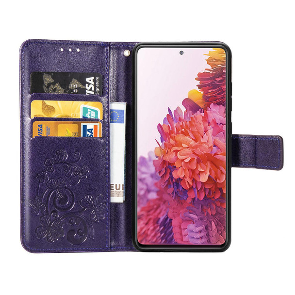 For Galaxy S20 FE / S20 Lite Four-leaf Clasp Embossed Buckle Mobile Phone Protection Leatherette Case with Lanyard & Card Slot & Wallet & Bracket Function(Purple)