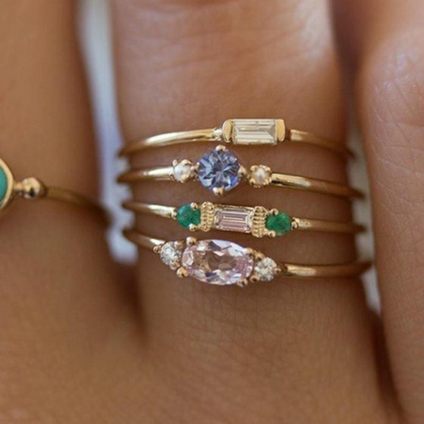 4 PCS Women Vintage Bohemian Crystal Zircon Ring Set, Ring Size:9