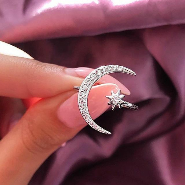 Female Star Moon Rings 925 Silver Crystal Ring Staking Jewelry(Silver)