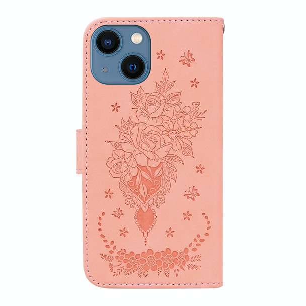For iPhone 14 Butterfly Rose Embossed Leatherette Phone Case(Pink)