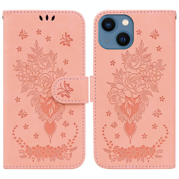 For iPhone 14 Butterfly Rose Embossed Leatherette Phone Case(Pink)