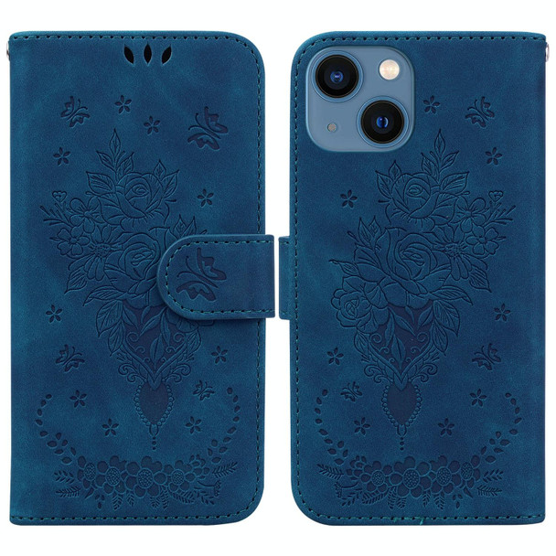 For iPhone 14 Plus Butterfly Rose Embossed Leatherette Phone Case(Blue)