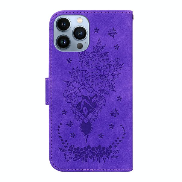 For iPhone 14 Pro Butterfly Rose Embossed Leatherette Phone Case(Purple)