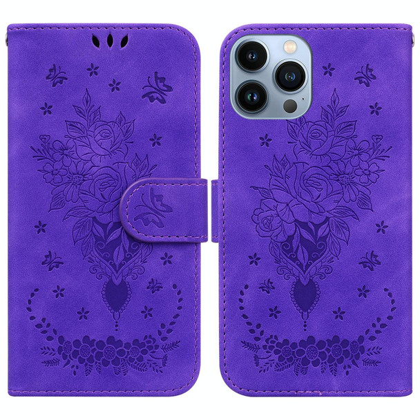 For iPhone 14 Pro Butterfly Rose Embossed Leatherette Phone Case(Purple)