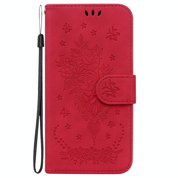 For iPhone 15 Pro Butterfly Rose Embossed Leatherette Phone Case(Red)