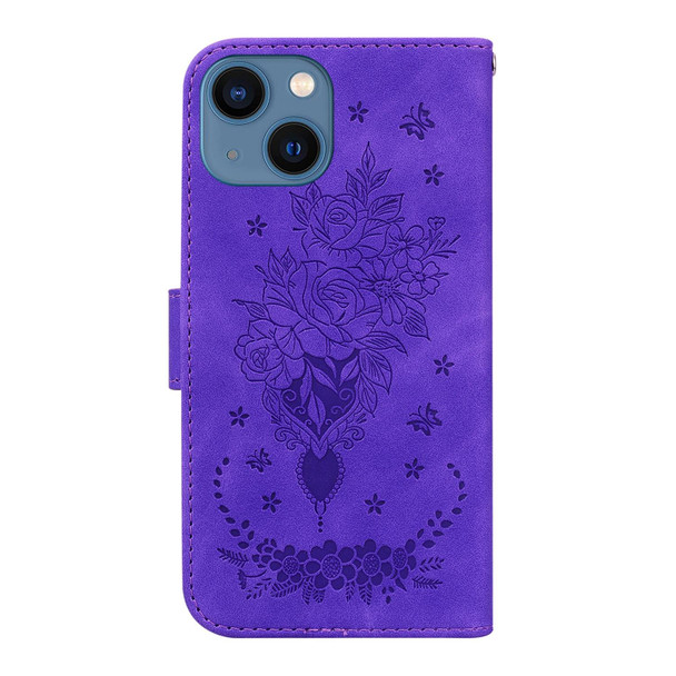 For iPhone 15 Butterfly Rose Embossed Leatherette Phone Case(Purple)