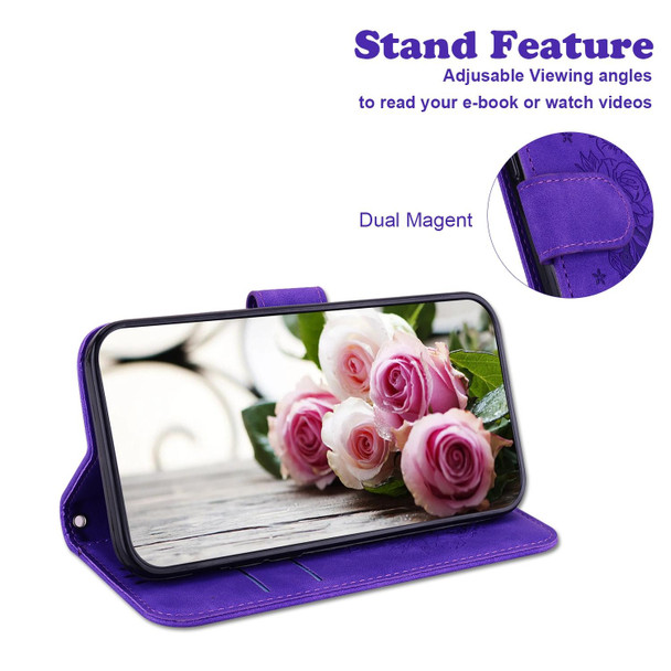 For iPhone 15 Butterfly Rose Embossed Leatherette Phone Case(Purple)