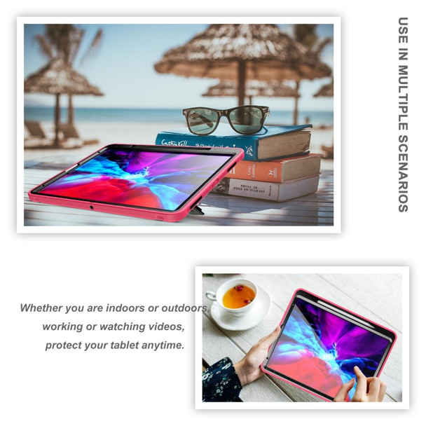 For iPad Pro 12.9 inch (2020) 360 Degree Rotation PC+TPU Protective Cover with Holder & Hand Strap & Pen Slot(Rose Red)