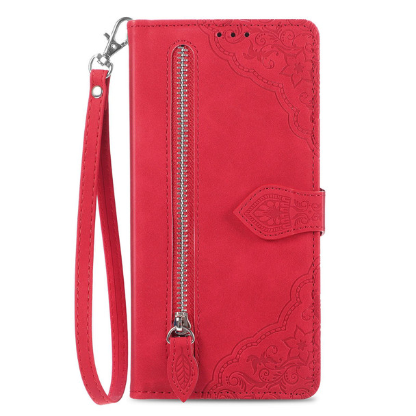 For Xiaomi Redmi 12 Embossed Flower Zipper Leather Phone Case(Red)