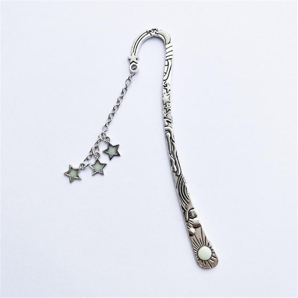 Luminous Sun Moon Star Bookmark Retro Pentagram Glowing Metal Bookmark(Ancient Silver Stars)