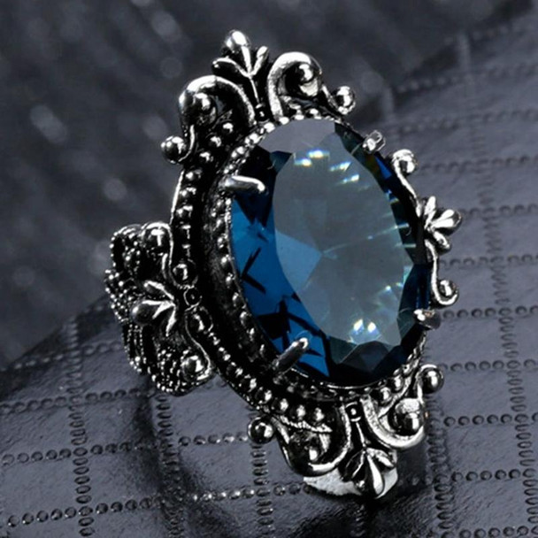 925 Silver Vintage Goose Egg-shaped Sea Blue Topaz Ring, Ring Size:7