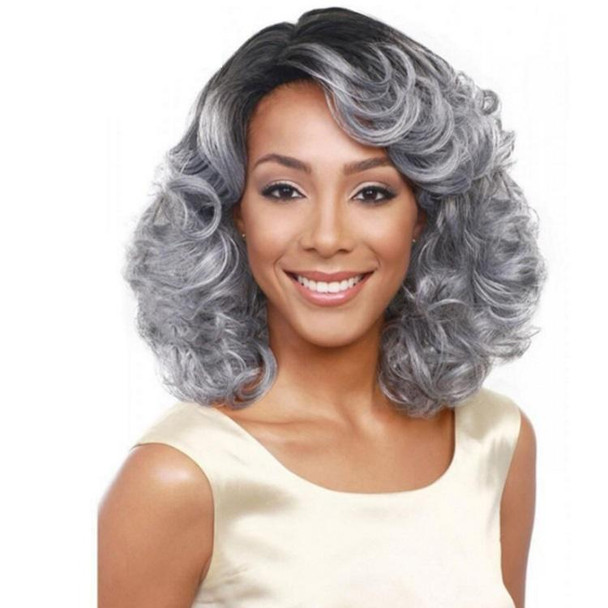 Lady Diagonal Bangs Wig Gradient Short Curly Hair Wig(Black Gradient Gray)