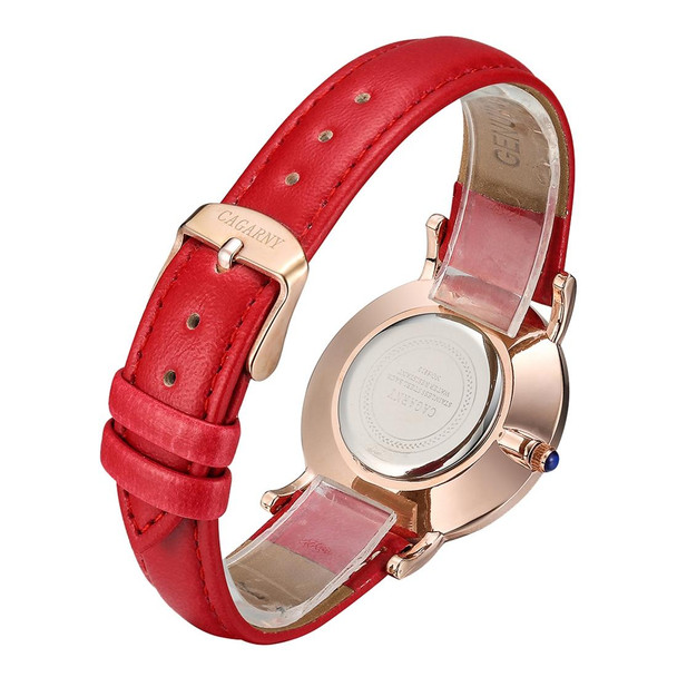 CAGARNY 6813 Concise Style Ultra Thin Rose Gold Case Quartz Wrist Watch with Leatherette Band for Women(Red)