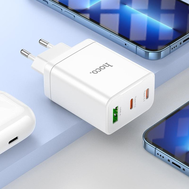 hoco N33 Start PD35W Dual Type-C + USB Charger with Type-C to 8 Pin Cable, EU Plug(White)