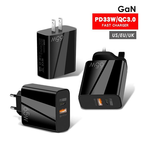 65W USB-C/Type-C+USB Dual Port GaN Charger QC3.0 Laptop Universal Charger EU Plug Black