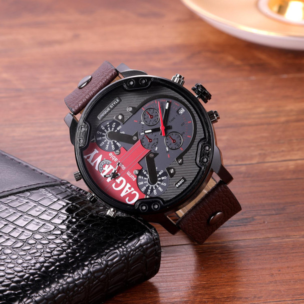 CAGARNY 6820 Men Dual Movement Red Face Leatherette Strap Quartz Watch(Brown)