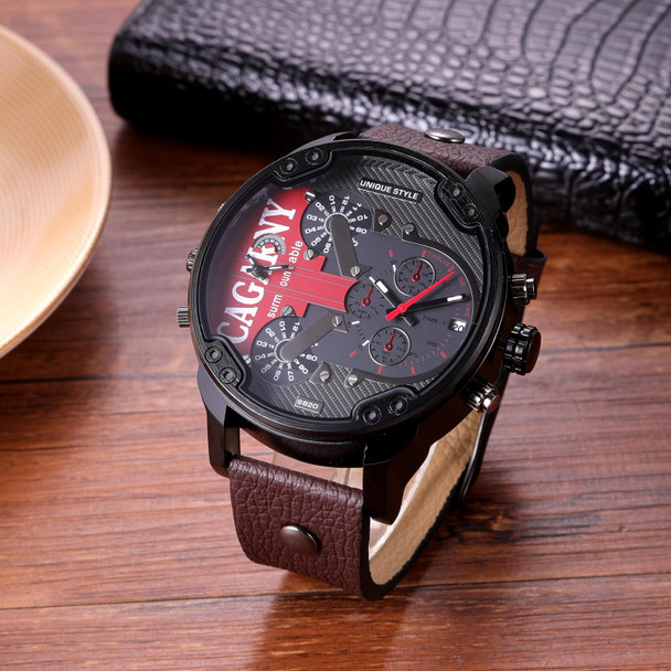 CAGARNY 6820 Men Dual Movement Red Face Leatherette Strap Quartz Watch(Brown)