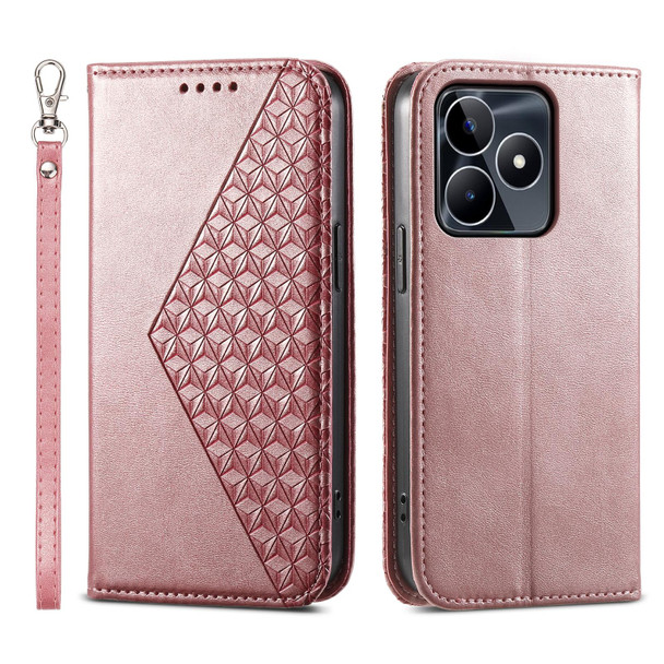 For Realme C53 Cubic Grid Calf Texture Magnetic Leatherette Phone Case(Rose Gold)