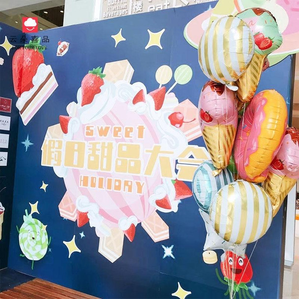 4 PCS Doughnut Candy Ice Cream Shaped Foil Balloons Happy Birthday Decorations Big Inflatable Helium(Pink Ice cream)