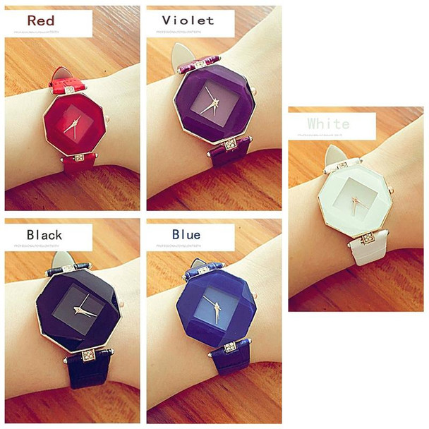 Gem Cut Geometry Crystal Leather Quartz Wristwatch Fashion Watch for Ladies(WHITE)