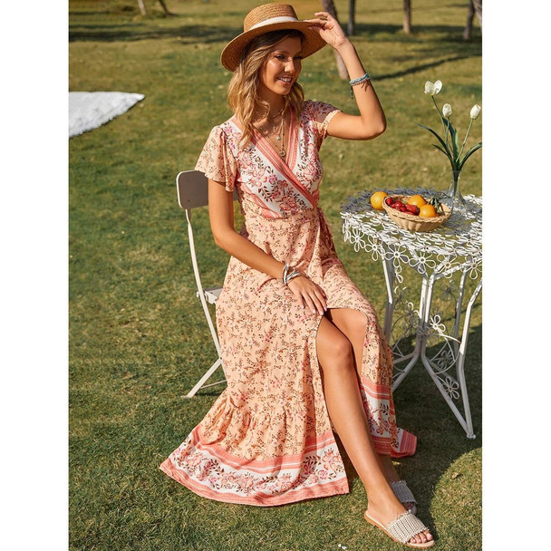 Floral Print V-Neck Short Sleeve Beach Party Dress (Color:Pink Size:XL)
