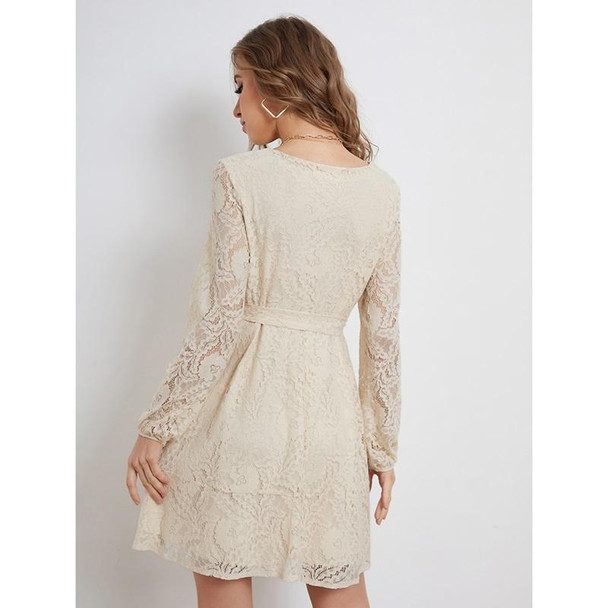 Lacing Lace Elegant Long Sleeve Dress - Ladies (Color:Apricot Size:S)