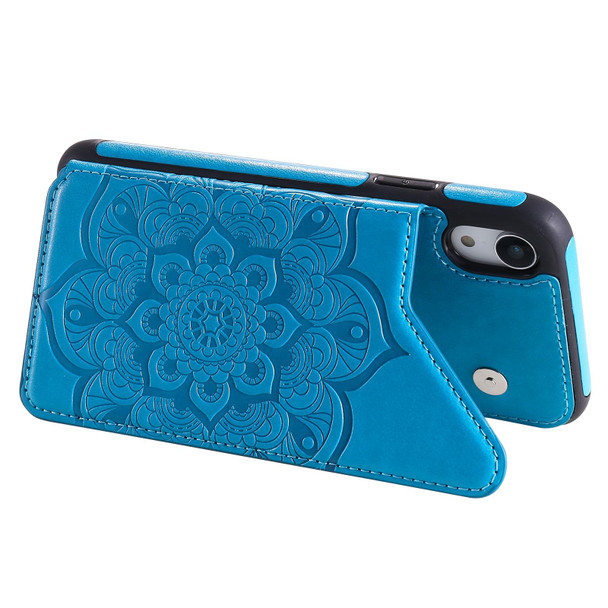 Flower Embossing Pattern Shockproof Protective Case with Holder & Card Slots & Photo Frame - iPhone XR(Blue)