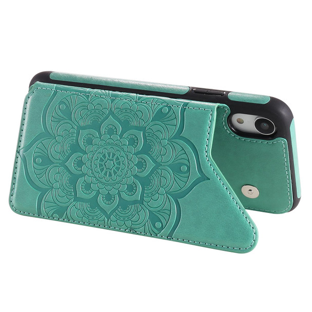 Flower Embossing Pattern Shockproof Protective Case with Holder & Card Slots & Photo Frame - iPhone XR(Green)