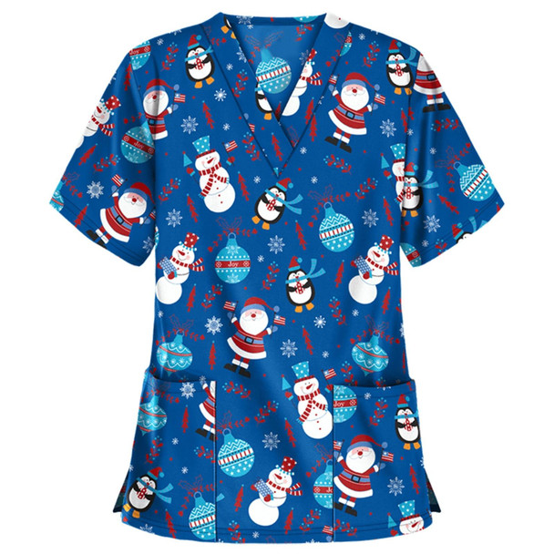 Christmas Print Short-sleeved Pocket T-shirt Nurse Uniform (Color:1 Size:XL)