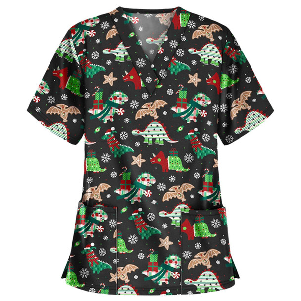 Christmas Print Short-sleeved Pocket T-shirt Nurse Uniform (Color:3 Size:S)