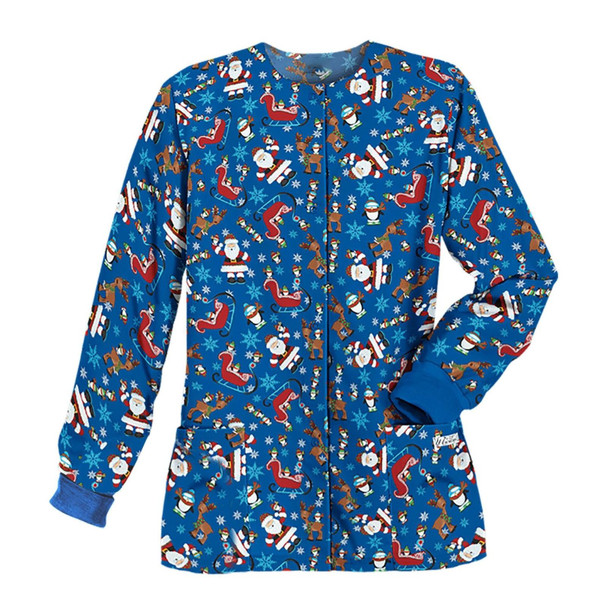 Christmas Long-sleeved Stand-up Collar Single-breasted Printed Protective Work Clothes (Color:Dark Blue Size:S)