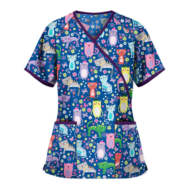 Printed V-neck Mid-length Nurse Uniform T-shirt (Color:Blue Size:L)