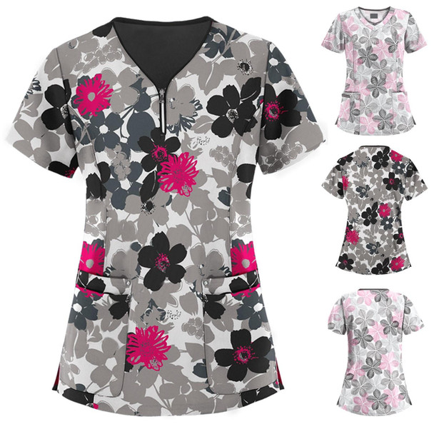 Mid-length Slim-fitting Printed Pullover Nurse Uniform V-neck T-shirt (Color:Pink Size:S)