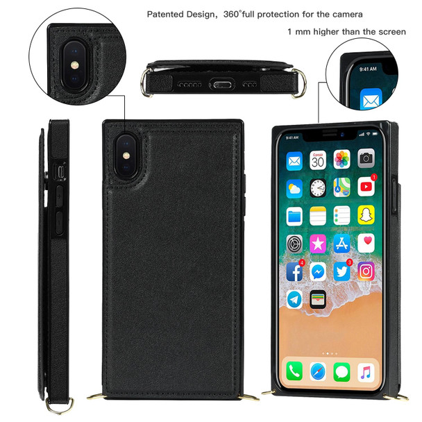 Cross-body Square Double Buckle Flip Card Bag TPU+PU Case with Card Slots & Wallet & Photo & Strap - iPhone XS / X(Black)