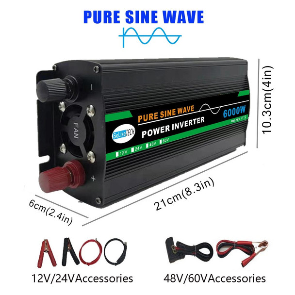 SOLIKETECH 6000W Pure Sine Wave Car Power Inverter Multiple Protection DC to AC 220V with LED Display - (Color=DC 12V to AC 220V) - Open Box (Grade A)