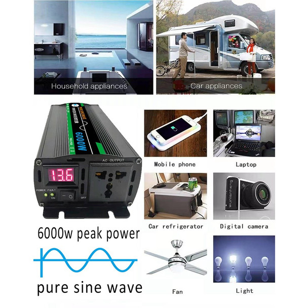 SOLIKETECH 6000W Pure Sine Wave Car Power Inverter Multiple Protection DC to AC 220V with LED Display - (Color=DC 12V to AC 220V) - Open Box (Grade A)