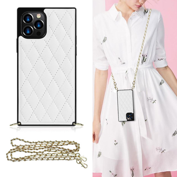 Elegant Rhombic Pattern Microfiber Leatherette +TPU Shockproof Case with Crossbody Strap Chain - iPhone 12 Pro Max(White)