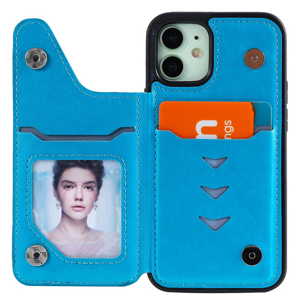 Flower Embossing Pattern Shockproof Protective Case with Holder & Card Slots & Photo Frame - iPhone 12 mini(Blue)