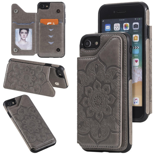 Flower Embossing Pattern Shockproof Protective Case with Holder & Card Slots & Photo Frame - iPhone SE 2022 / SE 2020 / 8 / 7(Grey)